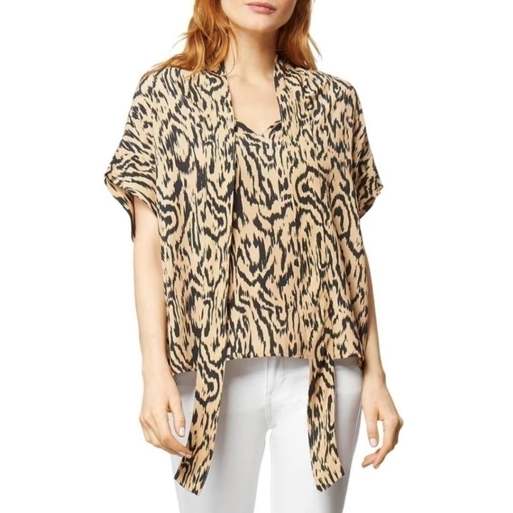 NWT HABITUAL McKenna Ikat Print Tie Neck Blouse Tan Beige Small